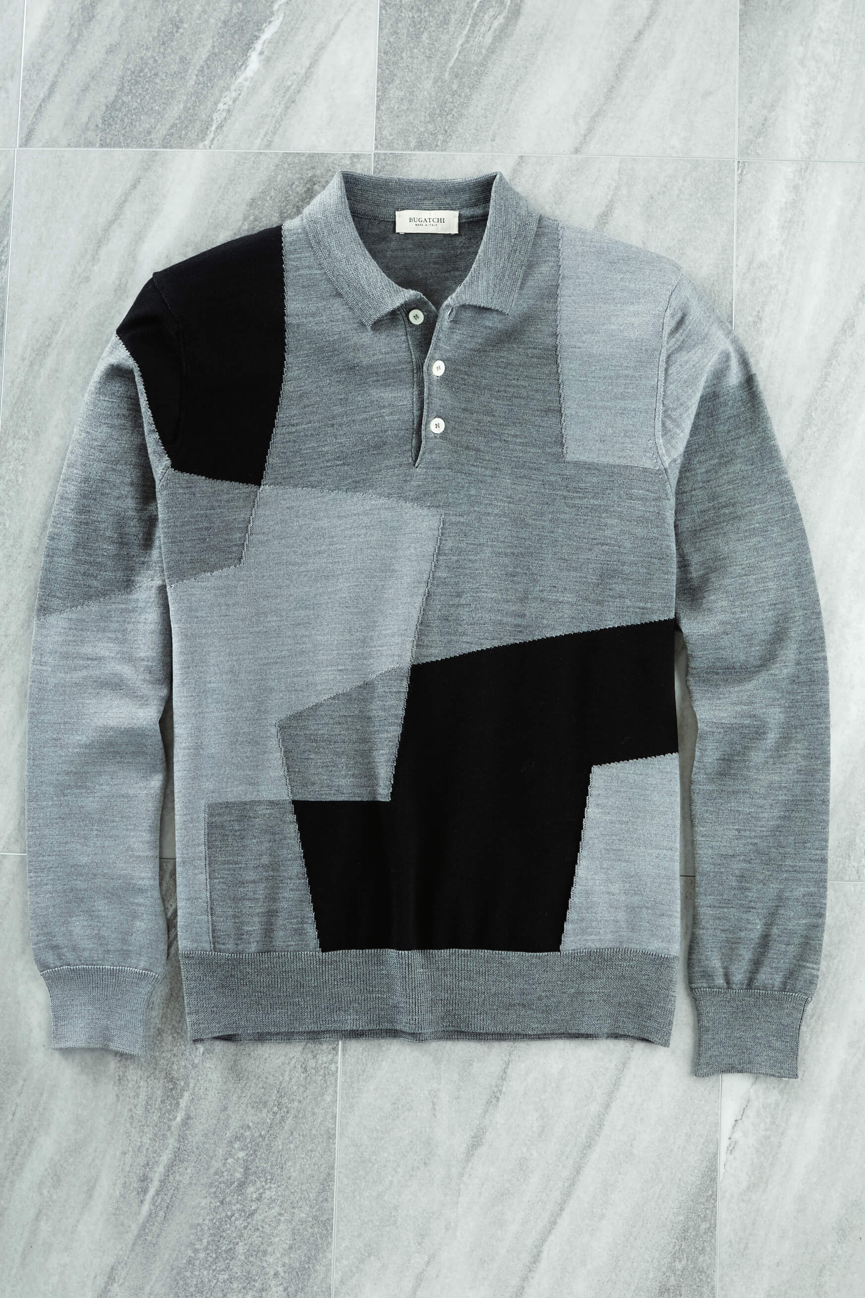 Bugatchi Long Sleeve Geometric 3 Button Polo